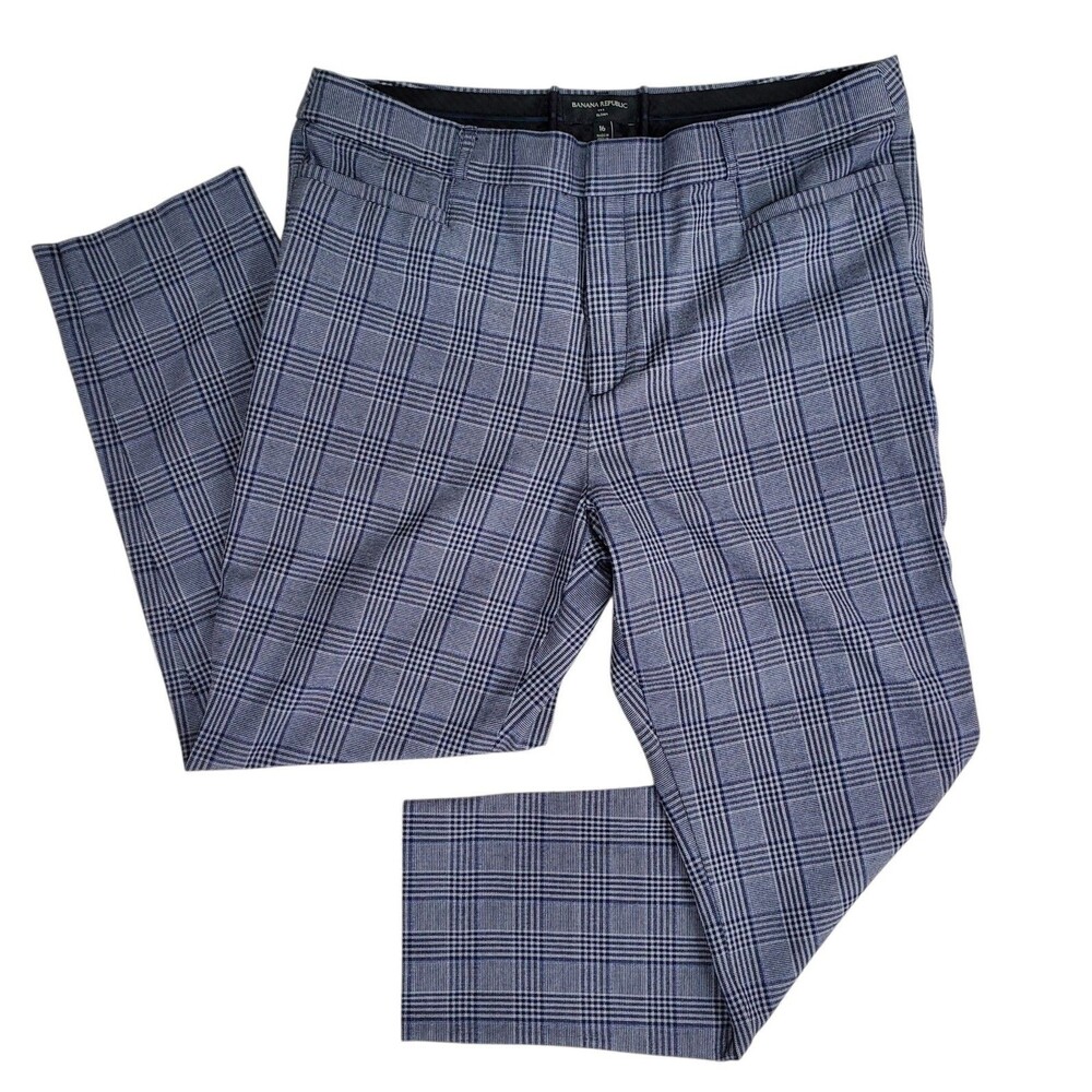 Banana Republic Womens Pants Blue Gray Size 16 Sloan Plaid Cotton Blend